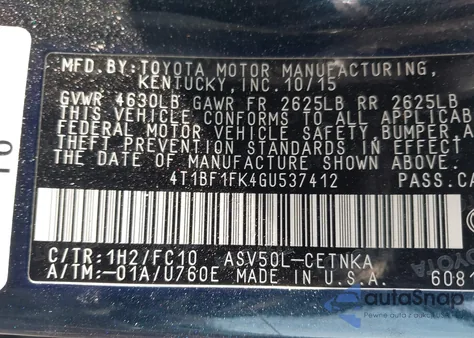 2016 Toyota Camry Le z USA, uszkodzony, nr VIN 4T1BF1FK4GU537412
